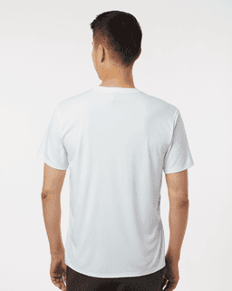 A white men's performance T-shirt, featuring a simple design and a logo on the back.
