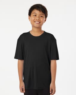 A black youth performance T-shirt features short sleeves and a comfortable fit, suitable for active wear.