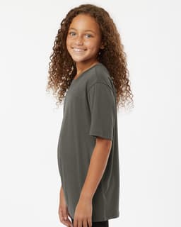 A youth t-shirt in dark grey, featuring a loose fit and crew neckline, with a logo on the back.