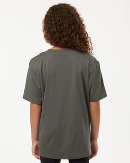 A grey youth performance t-shirt with a casual fit, featuring a logo on the back.