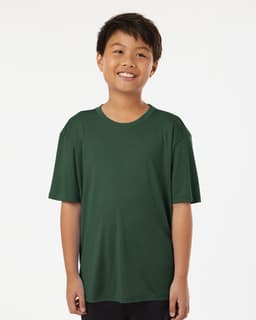 A youth performance t-shirt in dark green with short sleeves and a relaxed fit, featuring a branded logo.