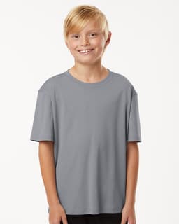 A grey youth performance T-shirt with short sleeves, featuring a logo. Suitable for various activities.