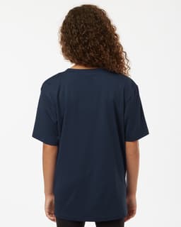 A youth performance T-shirt in navy blue, featuring a loose fit and a visible logo on the back.