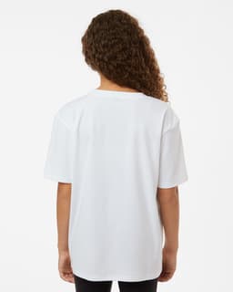 A youth-sized white performance t-shirt with a relaxed fit, featuring a logo on the back.