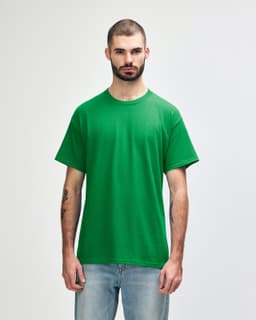 A green Gildan Heavy Cotton adult t-shirt displayed on a male model against a plain background.