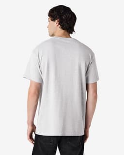 A grey Gildan Heavy Cotton Adult T-Shirt displayed from the back, featuring a simple design and short sleeves.