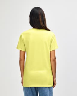A yellow Gildan Heavy Cotton Adult T-Shirt displayed from the back, featuring a plain design and no visible branding.
