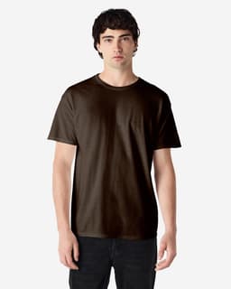 A dark brown Gildan Heavy Cotton adult t-shirt displayed on a model. It features a classic crew neck design.