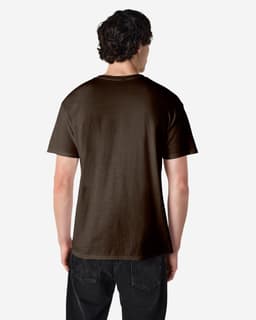 A brown Gildan Heavy Cotton adult T-shirt displayed from the back, featuring a simple design and short sleeves.