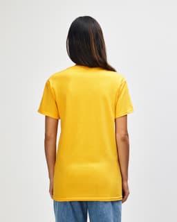 A back view of a Gildan Heavy Cotton adult t-shirt in vibrant yellow, featuring short sleeves and a plain design.