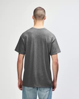 A grey Gildan Heavy Cotton adult t-shirt viewed from the back, featuring a simple design and short sleeves.