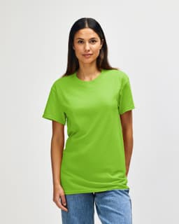 A heavy cotton adult T-shirt in vibrant lime green, featuring a logo on the front.