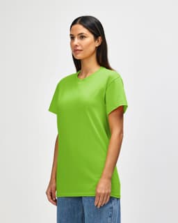 A green adult t-shirt displayed on a male model, featuring a simple design and a logo on the front.