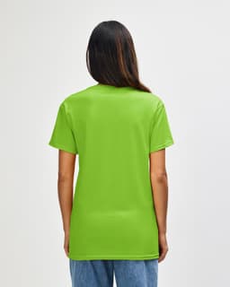 A green Gildan Heavy Cotton Adult T-Shirt is displayed, featuring a plain back design.