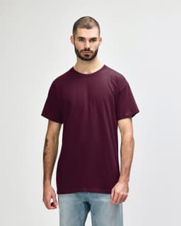 A maroon Gildan Heavy Cotton Adult T-Shirt on a model, featuring short sleeves and a round neck, with a logo.