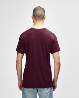 A maroon Gildan Heavy Cotton adult T-shirt displayed from the back, featuring short sleeves and a plain design.