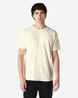 A light beige adult t-shirt with a round neck and short sleeves, featuring a logo.