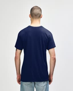 A heavy cotton adult T-shirt in navy blue, featuring a classic crew neck and short sleeves, with a branding logo.