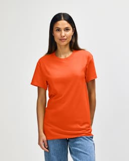 An orange Gildan Heavy Cotton adult T-shirt displayed on a male model against a plain background.