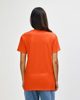 An orange Gildan Heavy Cotton adult t-shirt displayed from the back, featuring a simple design and a logo.