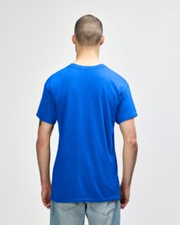 A blue Gildan Heavy Cotton Adult T-Shirt displayed from the back, featuring short sleeves and a relaxed fit.