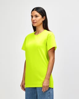 A bright yellow Gildan Heavy Cotton adult T-shirt worn by a model, featuring a logo on the front.