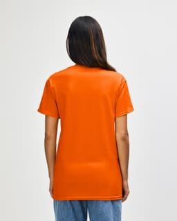 An orange Gildan Heavy Cotton Adult T-Shirt displayed from the back, featuring a plain design and short sleeves.