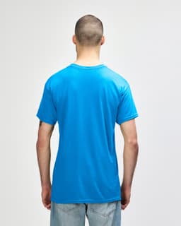 A turquoise adult T-shirt with a crew neck and short sleeves, featuring a logo on the back.