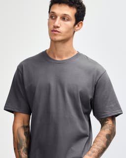 A grey short sleeve unisex T-shirt with a relaxed fit, displayed on a model with tattoos. Features a logo.