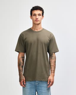 A green unisex short sleeve t-shirt with a relaxed fit and a logo on the front.