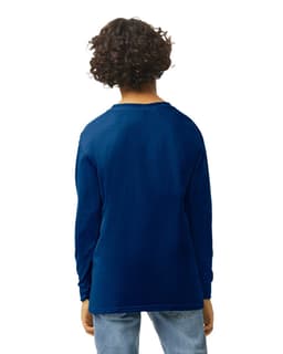 A blue Gildan Heavy Cotton Youth Long Sleeve T-shirt with a plain back design and long sleeves.