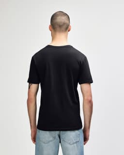 A black adult v-neck t-shirt displayed from the back, featuring a plain design and a brand logo.