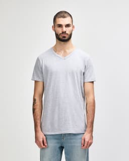 A grey adult v-neck t-shirt on a mannequin, featuring short sleeves and a logo.