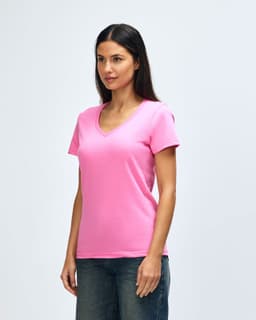 A lady's V-neck T-shirt in bright pink, featuring short sleeves and a fitted design. It includes a logo.
