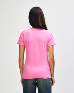 A pink ladies' V-neck T-shirt seen from the back, featuring a fitted design. Includes a small logo on the label.
