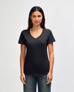 A black ladies' V-neck T-shirt displayed on a model, featuring short sleeves and a fitted silhouette.