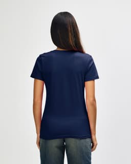 A navy blue Gildan Softstyle ladies' v-neck t-shirt, viewed from the back, featuring a plain design and fitted silhouette.