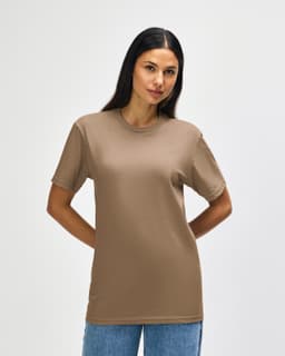 A midweight T-shirt in brown, featuring short sleeves and a simple design, with a logo present.