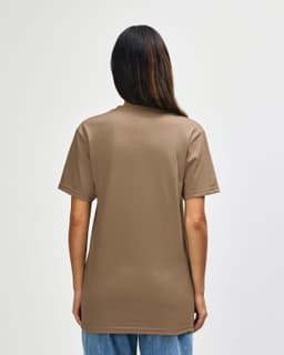 A midweight t-shirt in a brown shade, featuring a plain back design and a logo.