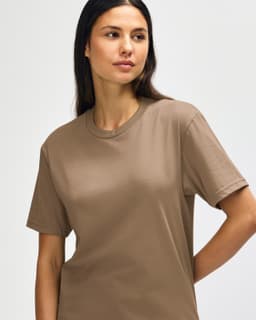 A plain brown Gildan Softstyle adult midweight T-shirt, featuring a logo on the sleeve.
