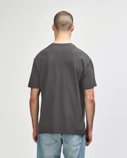 A back view of a midweight adult T-shirt in olive green, featuring a plain design and a logo on the neckline.
