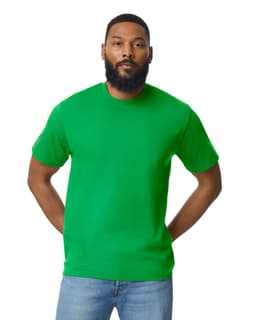 A green Gildan Softstyle adult midweight T-shirt worn by a man, featuring a solid colour and a logo.