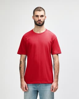 A red and navy adult midweight t-shirt with a logo, featuring a classic crew neck and short sleeves.