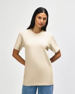 A midweight adult t-shirt in beige with short sleeves, featuring a logo on the front.