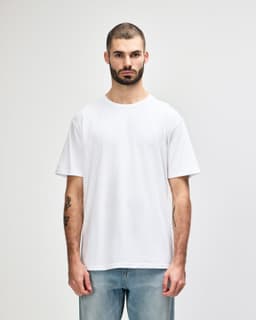A midweight adult t-shirt in white with a logo, featuring a classic crew neck and short sleeves.
