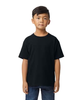 A black youth midweight T-shirt displayed on a child, featuring a crew neck and short sleeves.