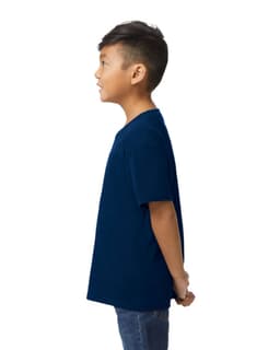 A youth midweight T-shirt in navy blue, viewed from the back, featuring a plain design and a logo.