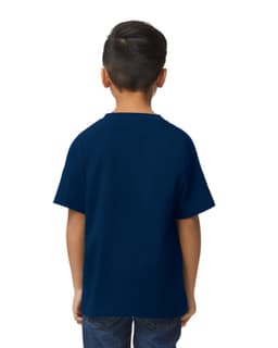 A youth midweight t-shirt in navy blue, featuring short sleeves and a round neckline. It has a logo on it.