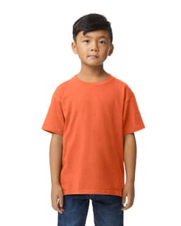 A youth midweight T-shirt in vibrant orange, featuring a simple design and a logo on the front.