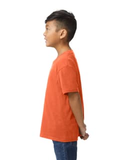 A youth midweight T-shirt in vibrant orange, viewed from the back, worn by a child. The shirt has a logo.